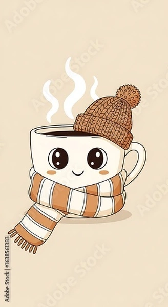 Obraz A charming, minimalistic illustration of a coffee cup with big, friendly eyes, wearing a small striped scarf and a cozy hat. The cup is steaming gently, conveying a feeling of warmth and comfort.