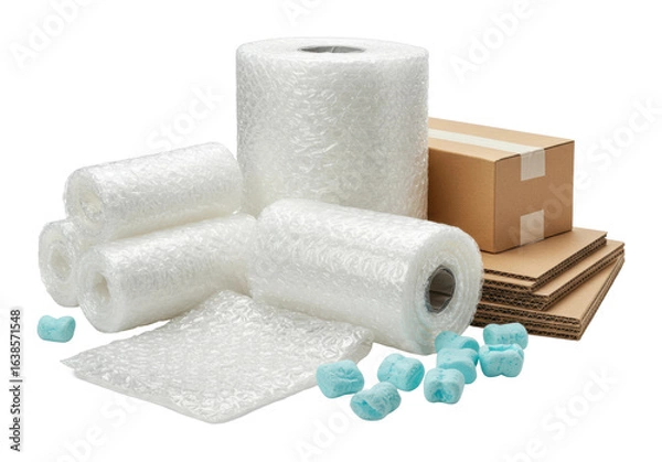 Fototapeta Packaging solutions for safe shipping bubble wrap cardboard boxes and packing peanuts in a warehouse environment. Cut out png