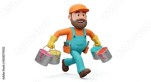 Obraz Cartoon painter character running with paint buckets