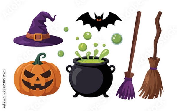 Fototapeta Vector illustration of halloween witch elements including pumpkins cauldron and broomsticks