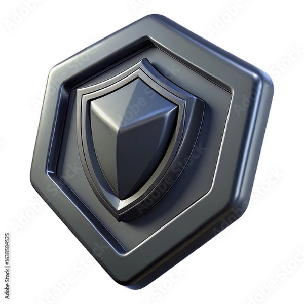 Fototapeta Futuristic Metallic Black 3D Plastic Shield Icon with Sharp Edges and Beveled Detail