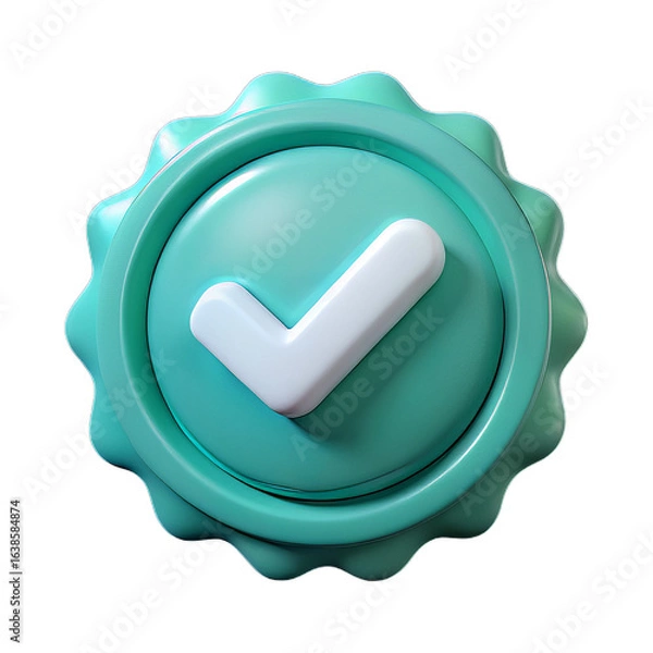 Fototapeta Turquoise 3D Plastic Checkmark Badge with Soft Glow and Beveled Mark