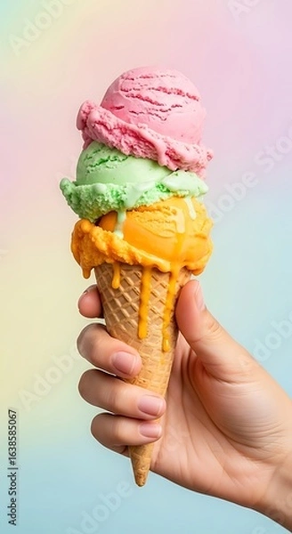 Obraz A close-up shot of a person's hand holding a colorful ice cream cone against a soft, pastel-colored background. The ice cream is slightly melting, emphasizing the heat and pleasure of summer.