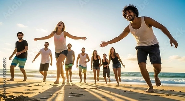 Obraz  A wide shot of a diverse group of friends laughing and running towards the ocean on a sun-drenched beach. The camera angle is low,
