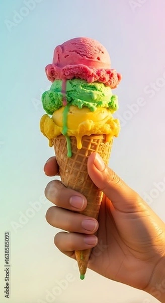 Obraz A close-up shot of a person's hand holding a colorful ice cream cone against a soft, pastel-colored background. The ice cream is slightly melting, emphasizing the heat and pleasure of summer.