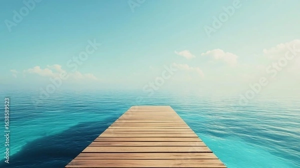 Fototapeta peaceful wooden dock extending into the serene clear ocean under a bright blue sky