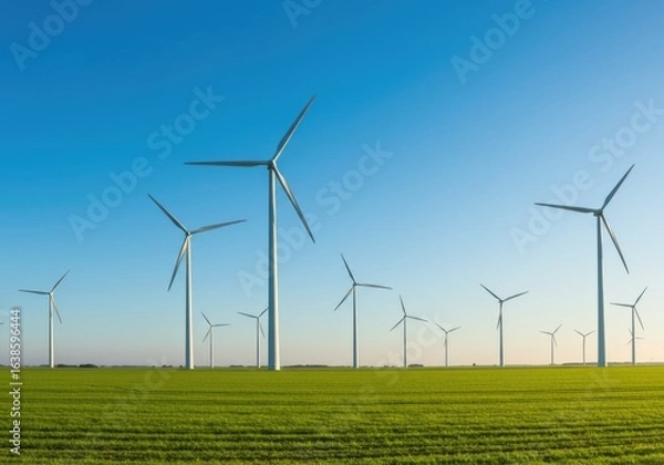 Fototapeta Wind Turbines in Field with Blue Sky