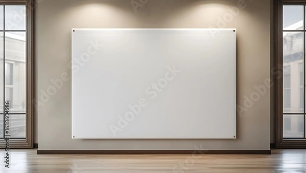 Fototapeta Blank White Rectangular Banner in Minimalist Office with Natural Light
