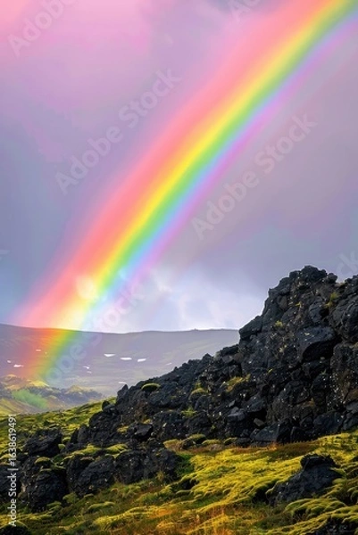 Fototapeta Icelandic landscape rainbow, volcanic rock, pastoral scene, hope, travel
