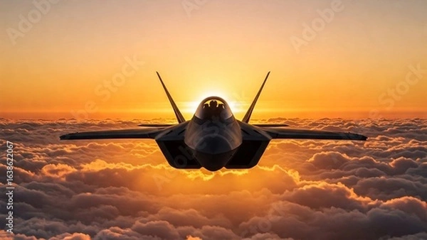 Fototapeta A striking frontal shot of a fighter jet soaring above the clouds at sunset, emphasizing power, aviation, military technology, and freedom against a golden sky.