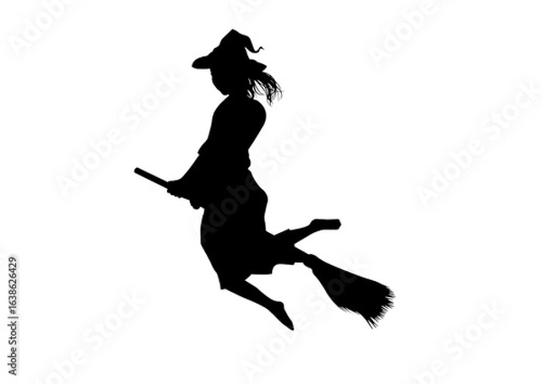 Obraz ほうきで飛ぶ女の子魔法使いシルエット
