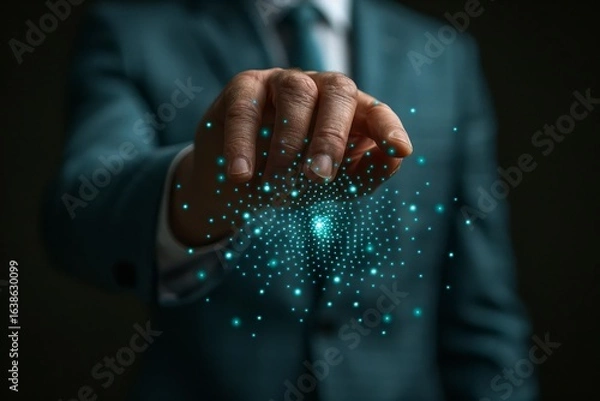 Fototapeta Businessman engaging with ai  exploring generative intelligence and robotic process automation
