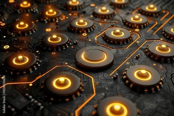 Fototapeta Detailed close up of computer parts highlighting a computer chip and modern technology elements