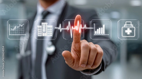 Fototapeta Medical professional interacting with virtual screen of data and graphic icons from health sector Generated with AI