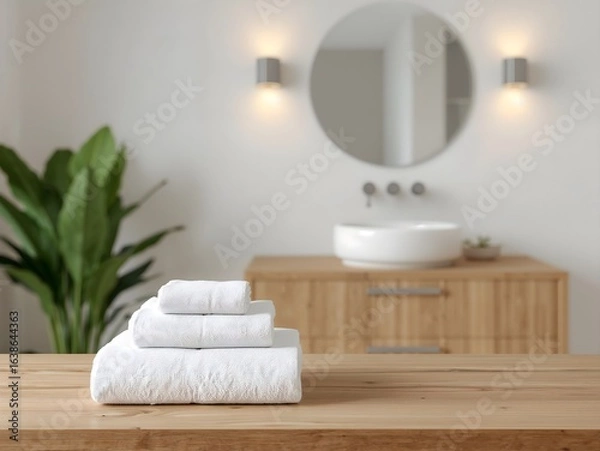 Obraz Photo of stack of white cotton towels on a wooden table in a bathroom
