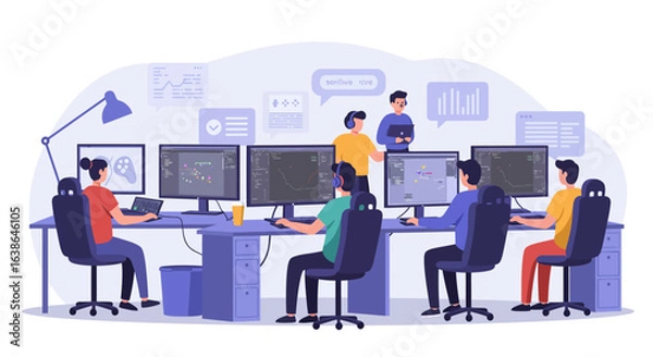 Obraz A team of software developers working collaboratively in an open-plan office environment with multiple computer screens displaying code and data.