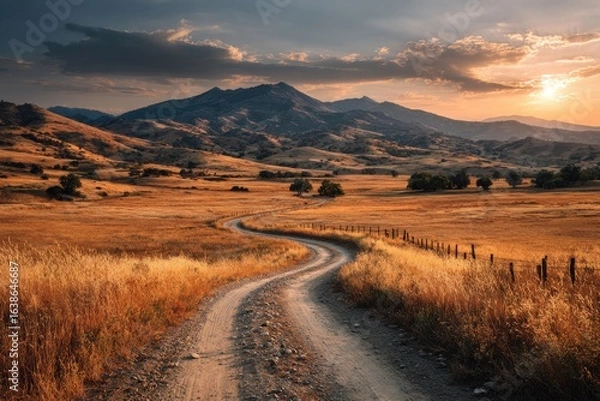 Fototapeta Winding dirt road through golden fields at sunset