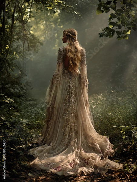 Fototapeta Dreamy fantasy inspired location with a woman in a dramatic long flowing gown.