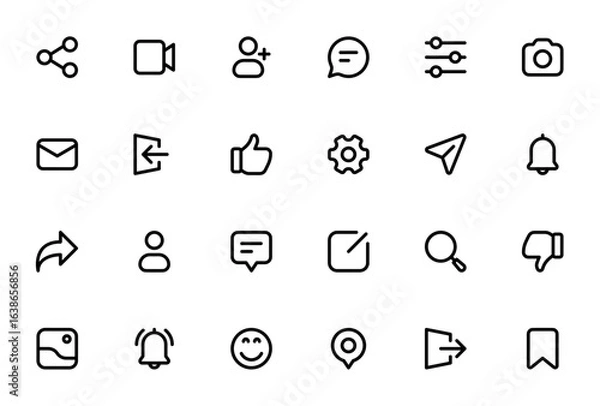 Obraz Social media icon set. Minimal vector icons pack. Includes share, video camera, add friend, chat, like, comment, search and more. Editable stroke design.
