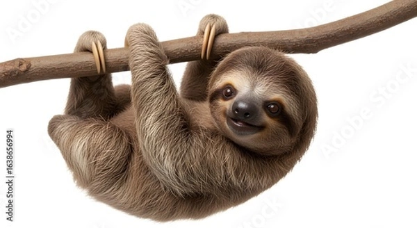 Obraz Cute Sloth Hanging From Branch Isolated on White