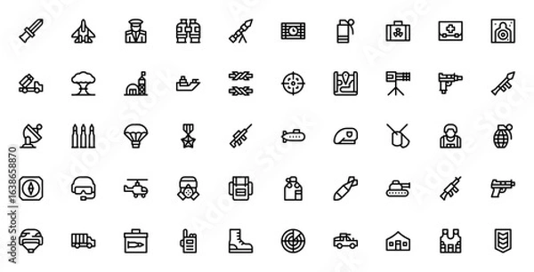 Fototapeta Military icon set. Combat vector illustration pack. Includes knife, jet, tank, rifle, helmet, grenade, soldier, map, artillery, submarine and more. Editable stroke.