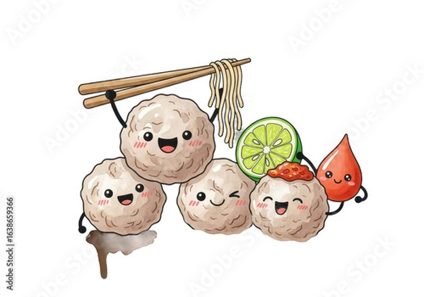 Obraz Cute Meatball Cartoon Characters with Noodles Lime and Chili Sauce.
