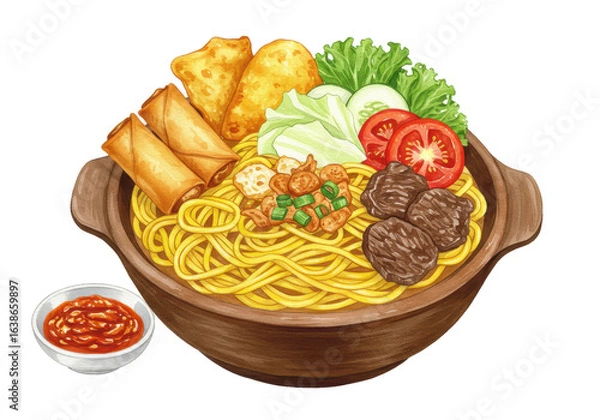 Obraz Illustrated Asian Noodle Dish in a Clay Pot with Meatballs Spring Rolls and Vegetables.