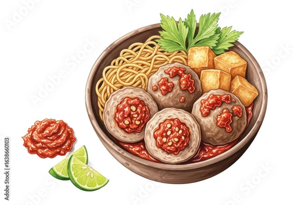 Obraz Illustrated Indonesian bakso bowl with savory meatballs noodles tofu and spicy sambal sauce.