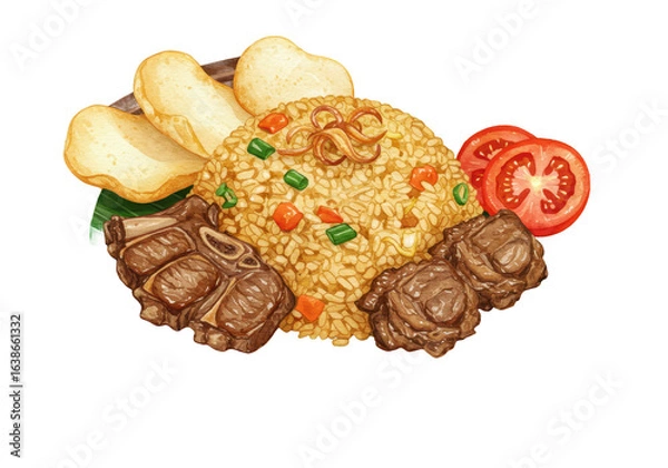 Obraz Watercolor illustration of Indonesian Nasi Goreng with grilled beef ribs crackers and fresh tomato slices.
