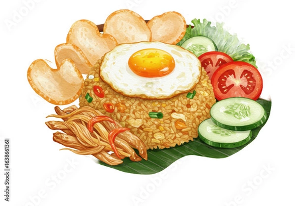 Obraz Watercolor illustration of Indonesian Nasi Goreng with a sunnysideup egg crackers and fresh vegetables.