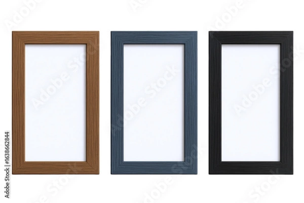 Fototapeta Three modern rectangular picture frames in wood, blue, and black finishes, showcasing blank white spaces for custom content.