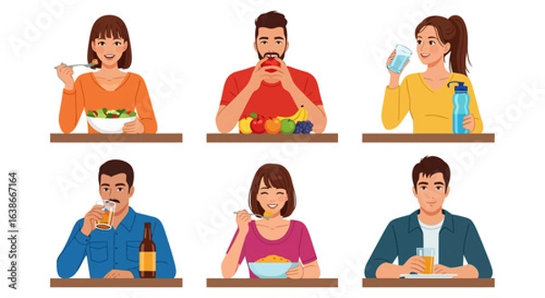 Fototapeta Healthy and unhealthy lifestyle eating habits concept. Vector illustration set of people with different foods like salad, fruit, and drinks.