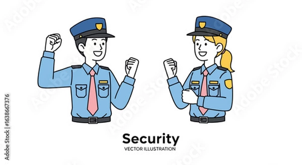 Fototapeta Cheerful male and female security guards in uniform with fists raised. Vector illustration of a professional security service team at work.