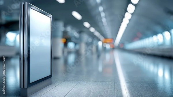 Fototapeta Large white sign is standing in a large, empty room. The sign is in the center of the room. The room is very bright