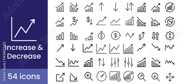 Fototapeta Increase and decrease line icon set for finance data analytics with chart, graph, and arrow symbols showing growth and decline.


