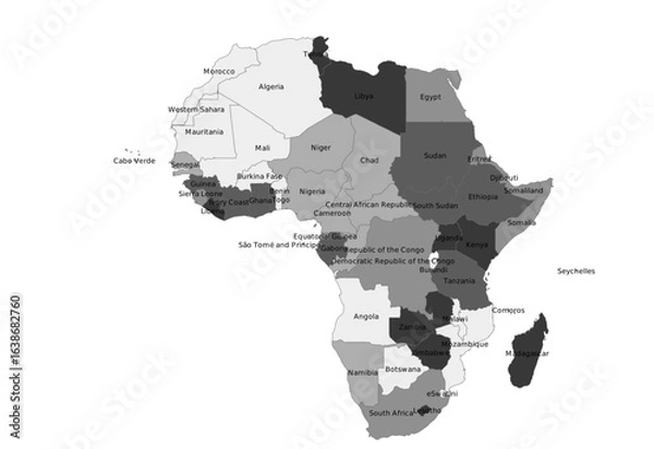 Obraz Grayscale Political Map of Africa with Country Labels | Monochrome Vector for Reports and Education