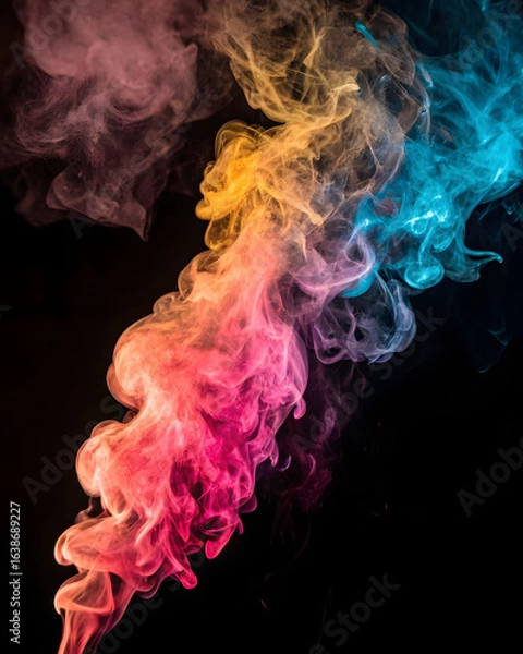 Obraz Vibrant multicolored smoke swirling against a black background, featuring stunning gradients of pink, yellow, and blue—ideal for abstract art, creative backgrounds, and design inspiration.