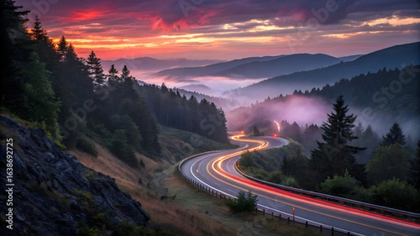 Obraz A winding road with light trails at dusk, cutting through a misty forested mountain range under a vibrant sunset sky with purple and orange hues.