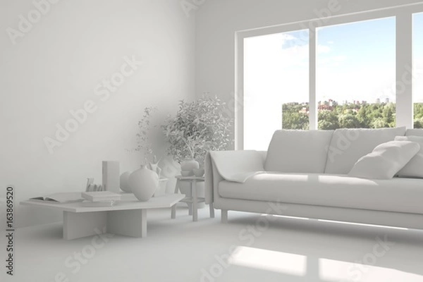 Fototapeta White room with sofa and green landscape in window. Scandinavian interior design. 3D illustration