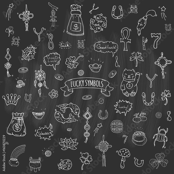 Fototapeta Hand drawn doodle Lucky symbols icon set Vector illustration isolated Luck symbols collection Cartoon wealth element: Ladybug Dreamcatcher Clover Horseshoe Neko cat Wishbone Scarab Charms Good Luck