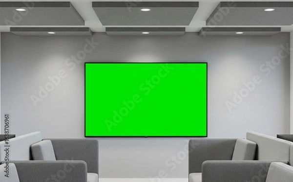 Fototapeta Empty Television Green Screen Mockup In Cozy Office Reception Area With Gray Chairs And Ceiling Panels
