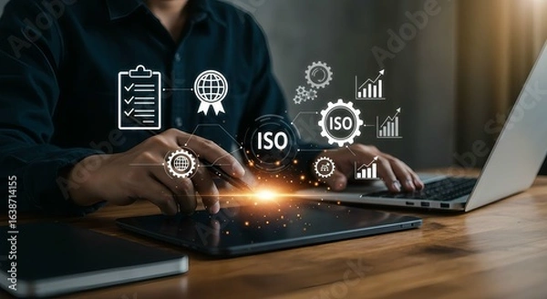 Obraz ISO Certification and Quality Management in Digital Workflow: Person Using Stylus on Tablet with Floating Icons for Checklist, Award Ribbon, Gears, and Growth Graphs