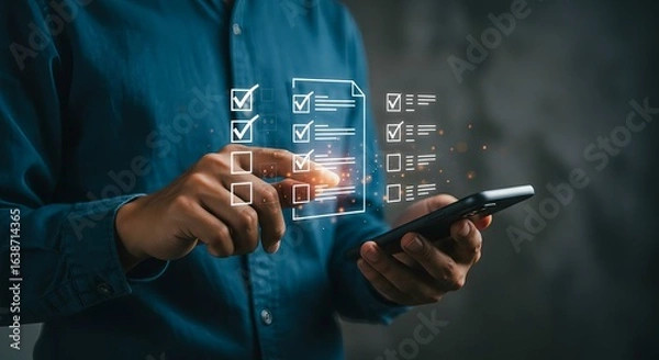 Obraz Augmented Reality Task Management Using Smartphone: Person in Blue Shirt Interacting with Floating Digital Checklist in Dark Tech-Inspired Workspace