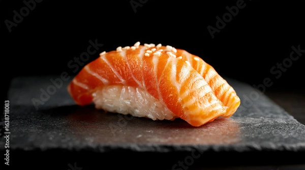 Fototapeta A single piece of salmon nigiri sushi, perfect texture wth black background