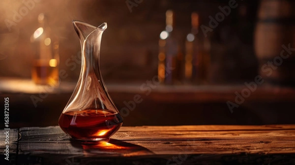 Obraz Elegant glass decanter filled with rich amber liquid sits rustic wooden table, illuminated by soft light, creating warm and inviting atmosphere. blurred background features bottles and barrels