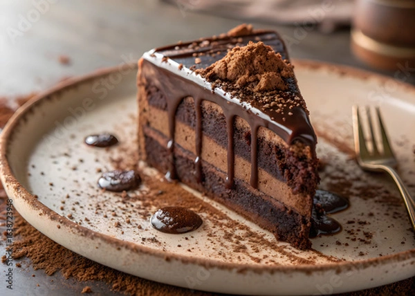 Fototapeta Slice of rich chocolate cake with layers, ganache topping, and cocoa powder on ceramic plate
