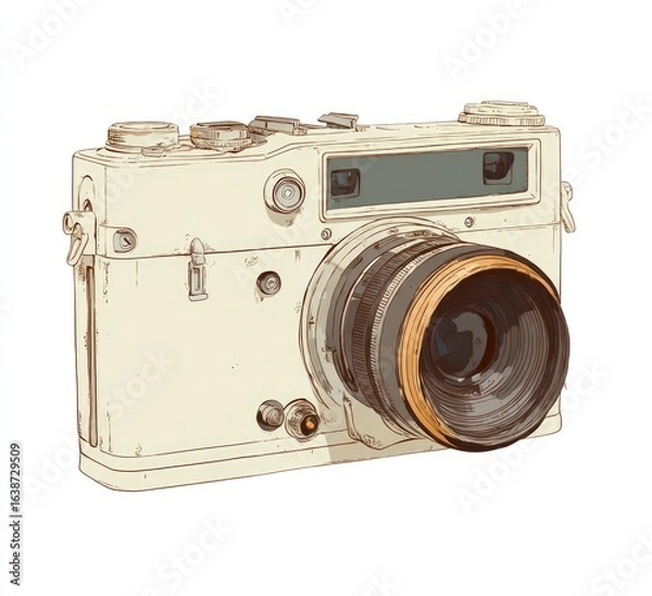 Obraz Vintage cream-colored camera illustration.  Detailed drawing of a retro camera, featuring a cream-toned body and a dark-orange lens.  Visible controls and mechanics