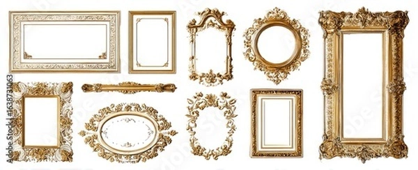 Fototapeta Collection of ornate gold and cream-colored picture frames in various shapes