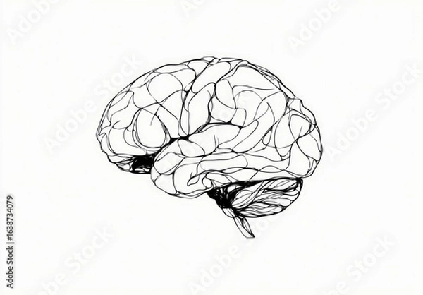 Fototapeta Side view of a detailed, line art brain.  Complex network of lines depict the cerebral cortex and other brain structures.  Simple, clean design