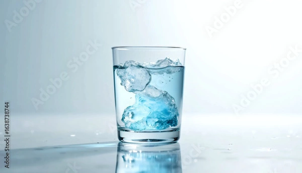 Fototapeta Surreal Duality Glass of Water Half Frozen Ice, Half Liquid Ripple on Clean White Background – Hyper-Realistic  for Luxury, Conceptual, and Minimalist Design